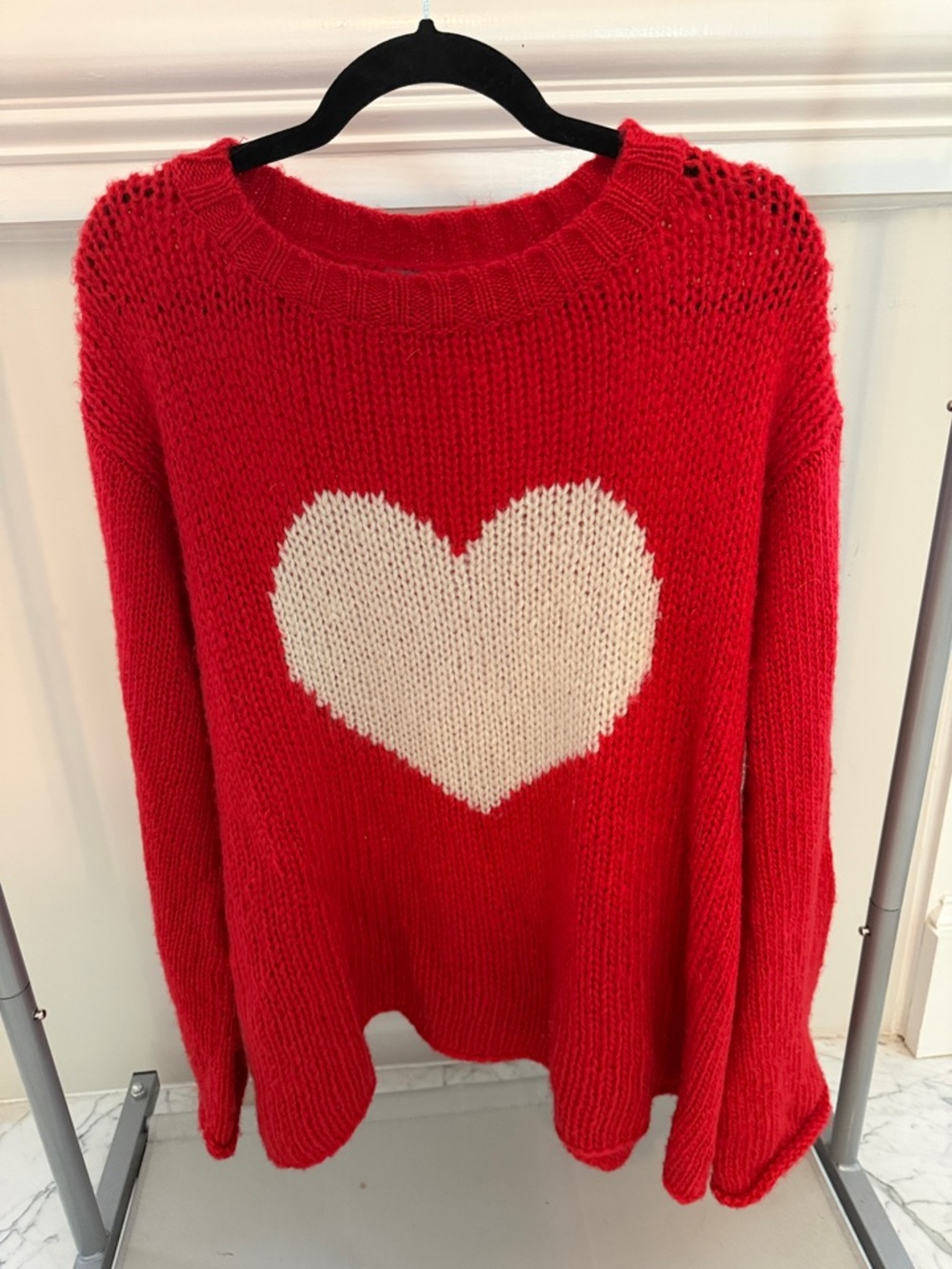Wooden Ships Red Sweater with Cream Heart Graphic